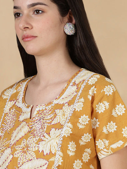 Pure cotton kantha work floral nighty dress for women