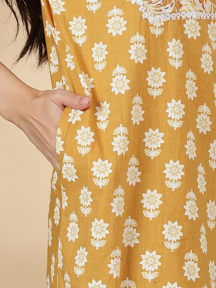 Pure cotton kantha work floral nighty dress for women