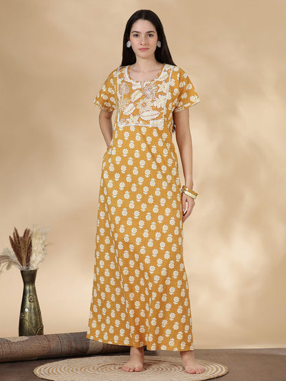 Pure cotton kantha work floral nighty dress for women