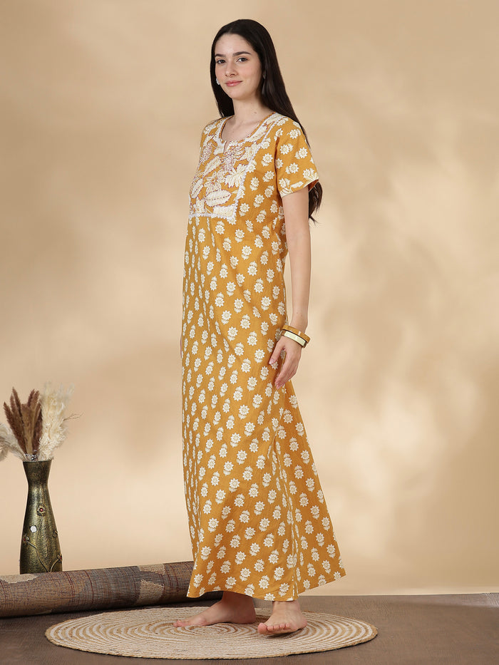 Pure cotton kantha work floral nighty dress for women