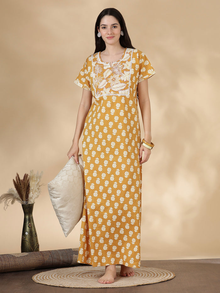Pure cotton kantha work floral nighty dress for women
