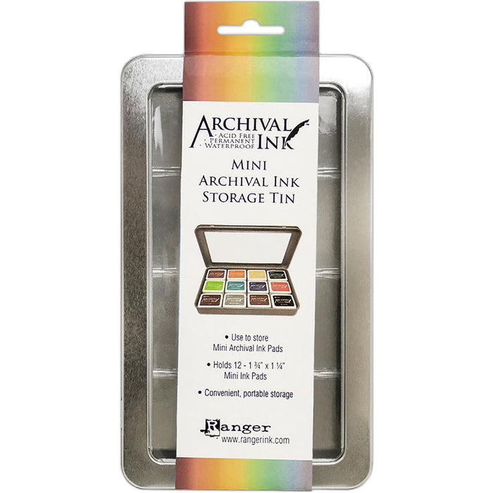 Ranger - Mini Archival Storage Tin - Holds 12 Mini Ink Pads: 1.75"X1.25". This storage tin is the ideal storage solution for Mini Archival Ink Pads (sold separately). Available at Embellish Away located in Bowmanville Ontario Canada.