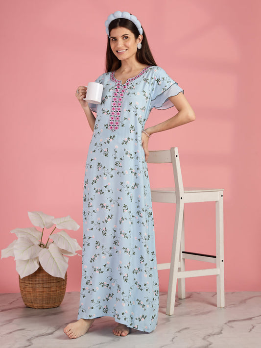 Light Blue Floral Nighty for Women with Pocket