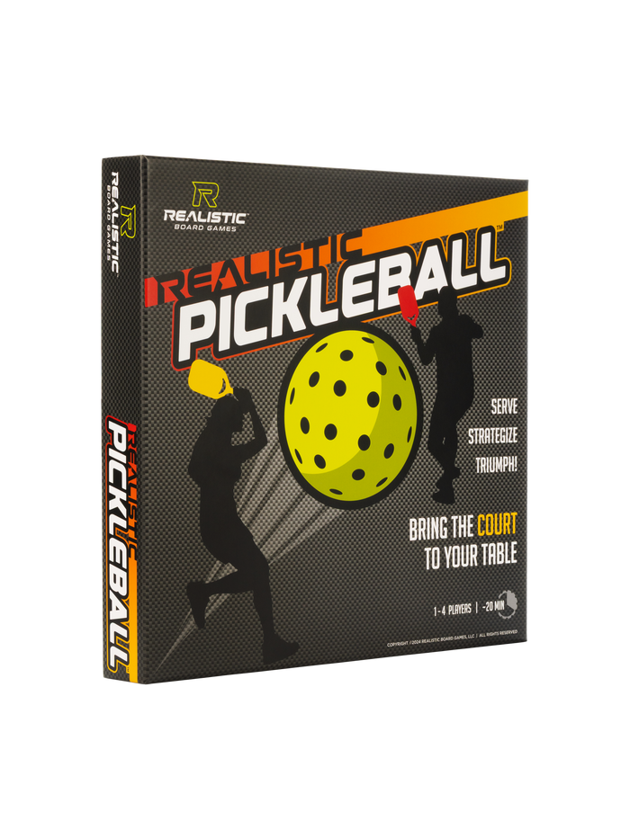 Realistic Board Games PICKLEBALL box art - SERVE STRATEGIZE TRIUMPH! BRING THE COURT TO YOUR TABLE 1-4 PLAYERS ~20 MIN