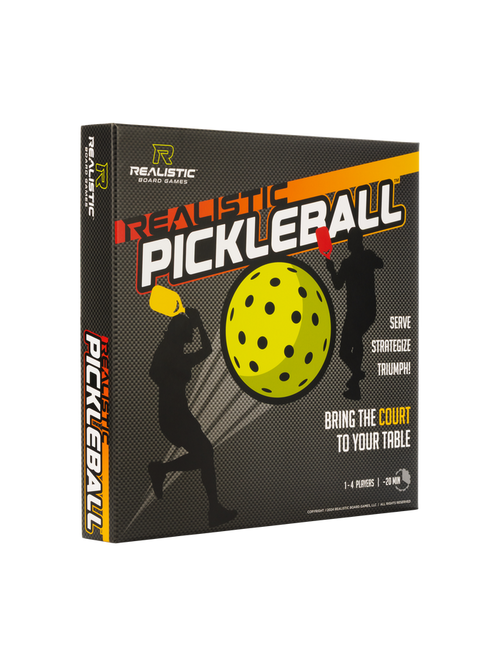 Realistic Board Games PICKLEBALL box art - SERVE STRATEGIZE TRIUMPH! BRING THE COURT TO YOUR TABLE 1-4 PLAYERS ~20 MIN
