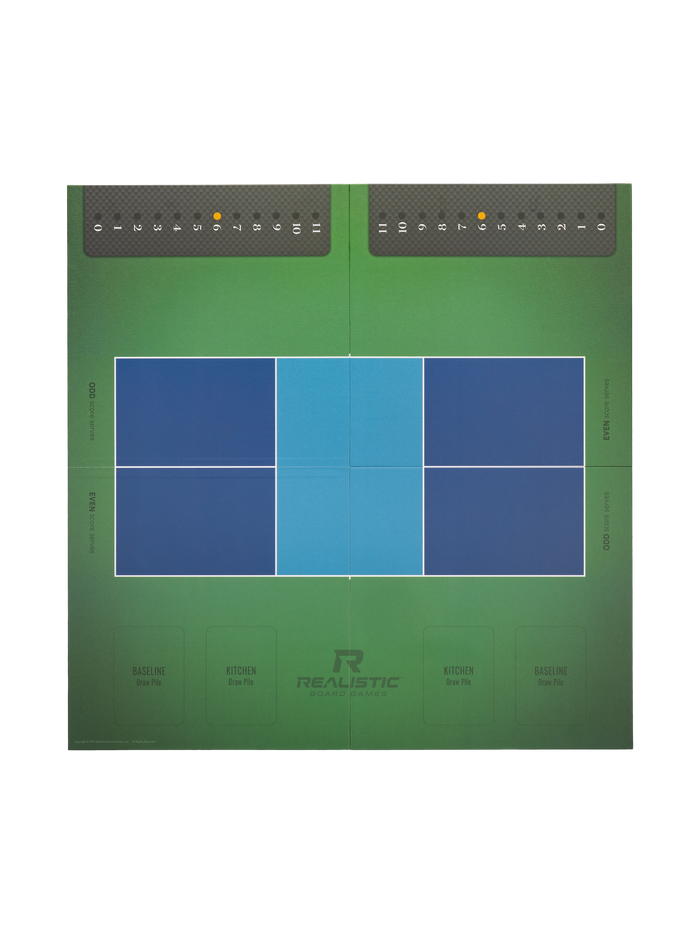 Green court playmat with blue playing courts; REALISTIC BOARD GAMES logo; BASELINE Draw Pile; KITCHEN Draw Pile