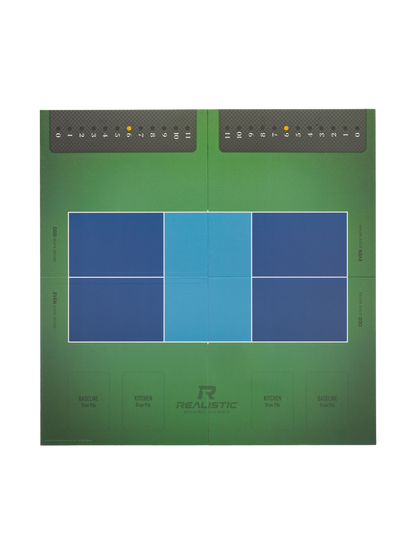 Green court playmat with blue playing courts; REALISTIC BOARD GAMES logo; BASELINE Draw Pile; KITCHEN Draw Pile
