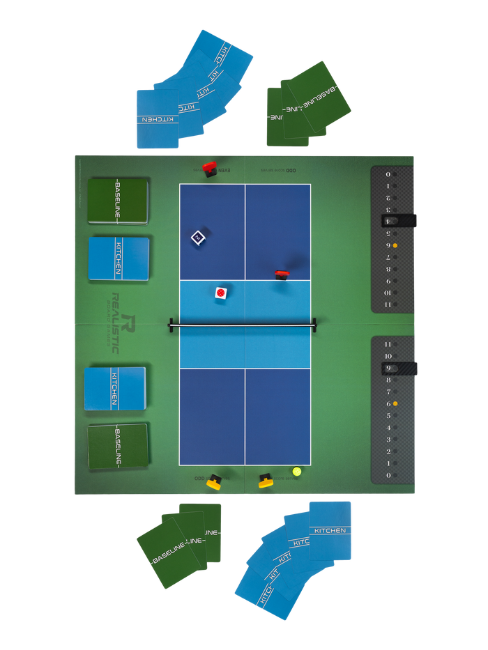 Tabletop ping-pong board with KITCHEN and BASELINE cards, REALISTIC logo, scoreboard 0 1 2 3 4 5 6 7 8 9 10 11, ODD
