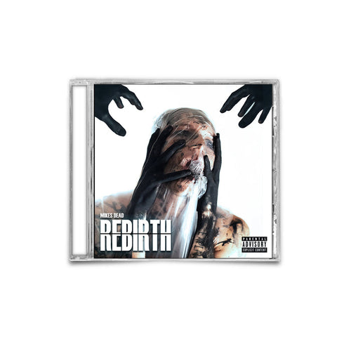 A CD cover showing a person with their face obscured by dark hands and smeared makeup, capturing the intense GRIP of inner torment. The text reads MIKES DEAD REBIRTH, reminiscent of Emmure’s raw energy, with a parental advisory label in the lower right corner.