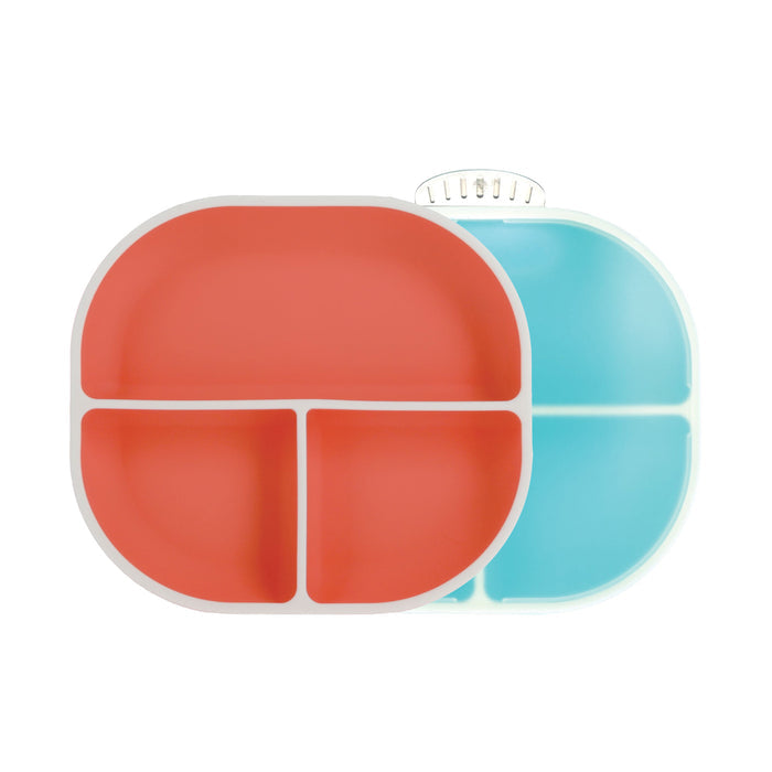 Two Nuby Rectangular Silicone Suction Plates in coral and aqua with 3 and 4 sections. Durable, mess-free, perfect for toddlers' meals. Set includes two plastic, rectangular plates designed to stay put during feeding.