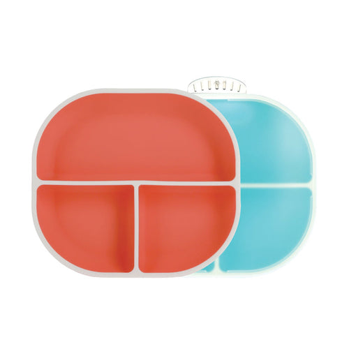 Two Nuby Rectangular Silicone Suction Plates in coral and aqua with 3 and 4 sections. Durable, mess-free, perfect for toddlers' meals. Set includes two plastic, rectangular plates designed to stay put during feeding.