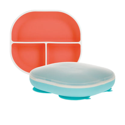 The Nuby Rectangular Silicone Suction Plate (2 Pack) in Coral/Aqua features three compartments, a secure suction base, and a light blue lid for spill-free toddler mealtime.
