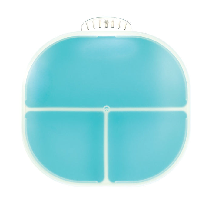 Aqua rectangular silicone suction plate by Nuby, viewed from above. Features four compartments, a white rim, and a small handle at the top—ideal for organized toddler meals. Comes in a 2 pack with coral and aqua colors.