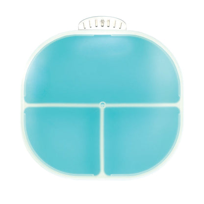 Aqua rectangular silicone suction plate by Nuby, viewed from above. Features four compartments, a white rim, and a small handle at the top—ideal for organized toddler meals. Comes in a 2 pack with coral and aqua colors.