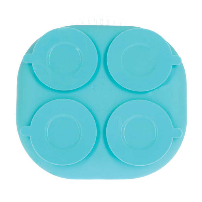 The Nuby Rectangular Silicone Suction Plate (2 Pack) in Coral/Aqua features a spill-resistant design with four compartments and easy-lift tabs, ideal for babies to serve or store portions.