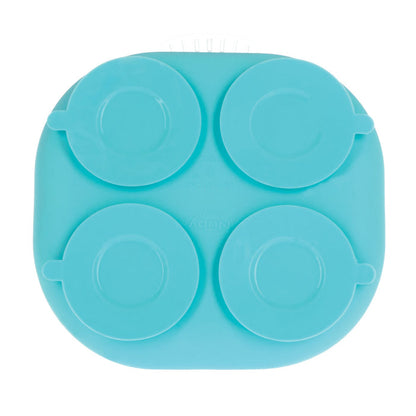The Nuby Rectangular Silicone Suction Plate (2 Pack) in Coral/Aqua features a spill-resistant design with four compartments and easy-lift tabs, ideal for babies to serve or store portions.
