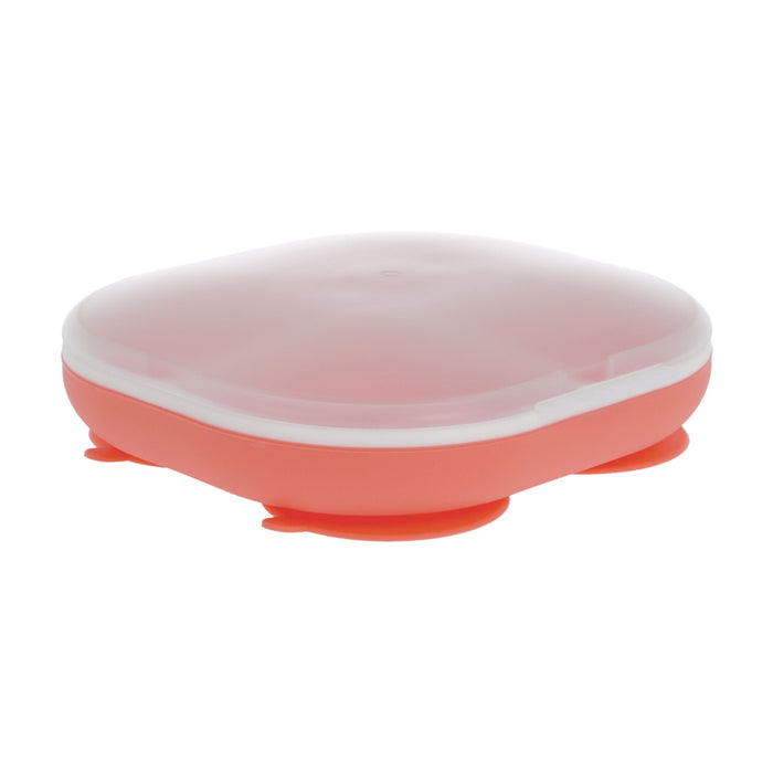 The Nuby Rectangular Silicone Suction Plate (2 Pack) in Coral/Aqua features a frosted transparent lid and four suction cups for a secure, spill-free toddler mealtime experience.