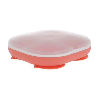 The Nuby Rectangular Silicone Suction Plate (2 Pack) in Coral/Aqua features a frosted transparent lid and four suction cups for a secure, spill-free toddler mealtime experience.