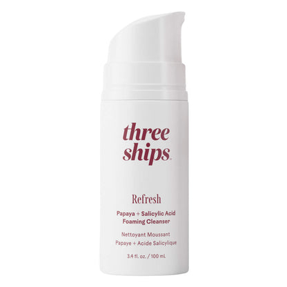 Bottle of Three Ships Refresh Papaya + Salicylic Acid Foaming Cleanser 3.4oz/100ml