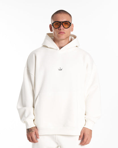 Martin Valen close rear view of white hoodie with hood down, large Martin Valen text and crown graphic on back