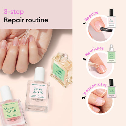 A hand applies clear nail polish as three Manucurist Rescue Kit bottles rest on a pink surface, illustrating a 3-step nail repair routine: 1. Repairs, 2. Nourishes, 3. Regenerates—each with matching product and illustration.