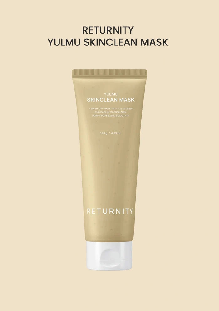 Skincare mask tube labeled 'Yulmu Skinclean Mask' by 'Returnity' on a beige background