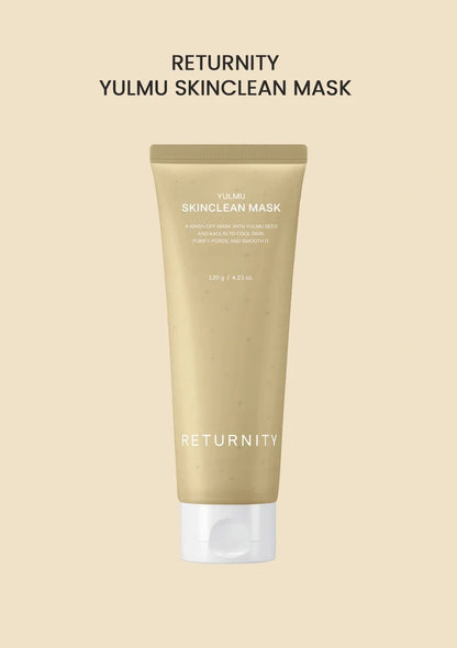 Skincare mask tube labeled 'Yulmu Skinclean Mask' by 'Returnity' on a beige background