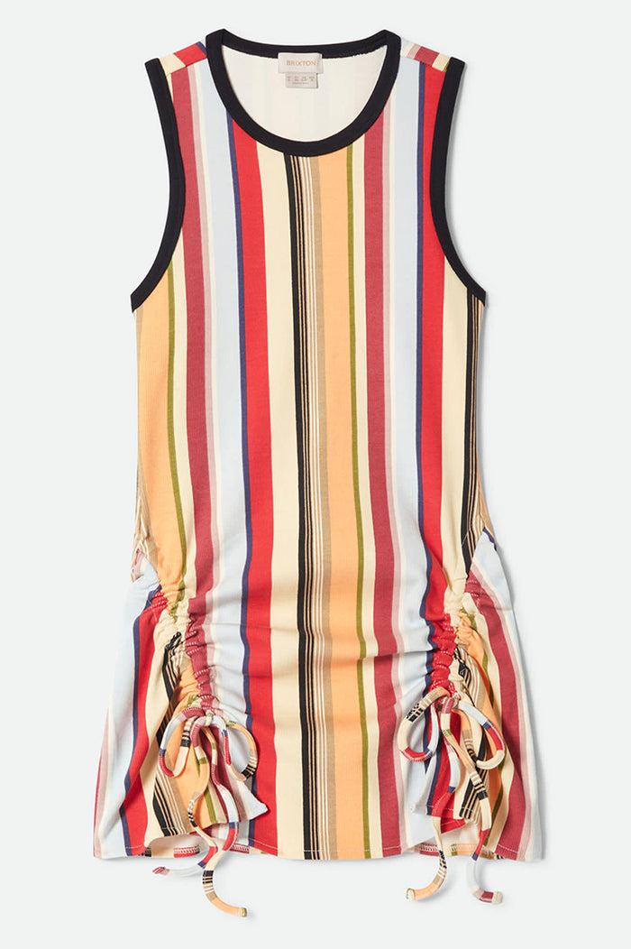 Women's Ribbed Cinch Mini Dress in the color Peach Cobbler Multi Stripe - Front Product View