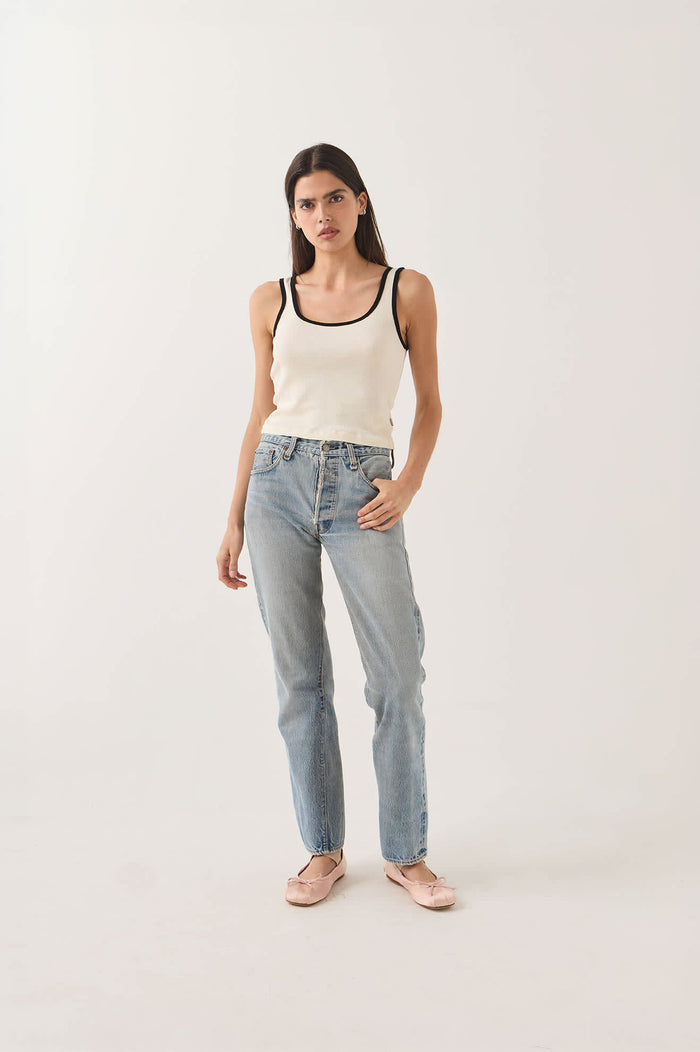 Women's Ringer Organic A-Tank in the color Off White/Black - Women's Front View