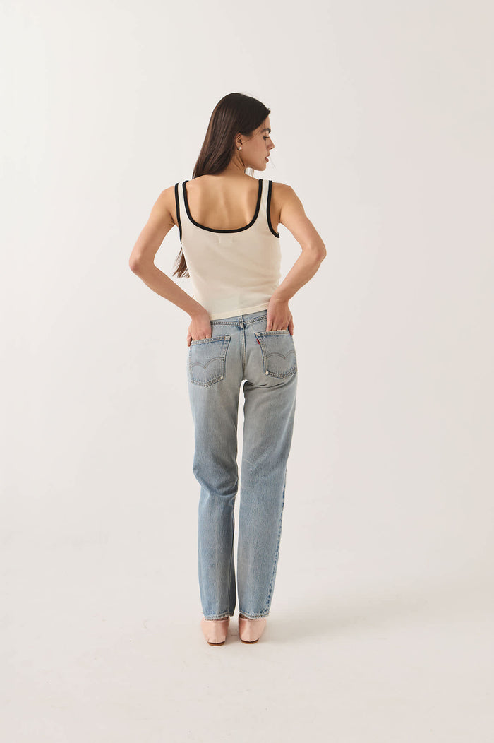 Women's Ringer Organic A-Tank in the color Off White/Black - Women's Back View
