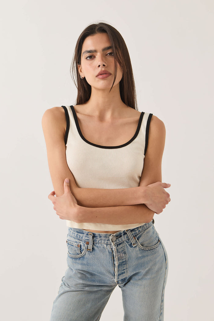 Women's Ringer Organic A-Tank in the color Off White/Black - Additional Fit image