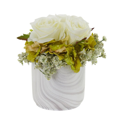 Rose and Hydrangea Artificial Arrangement in Marble Finished Vase