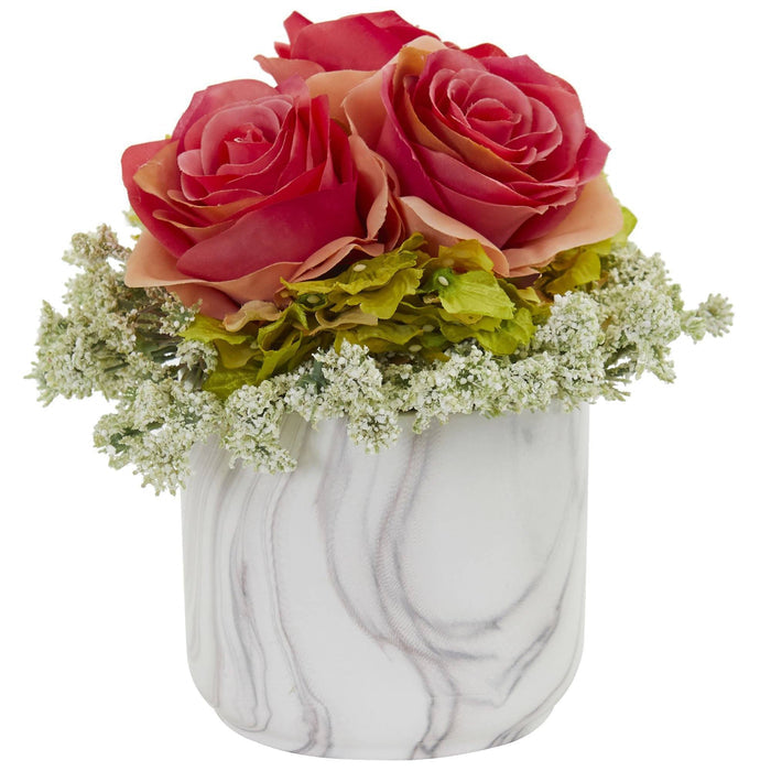 Rose and Hydrangea Artificial Arrangement in Marble Finished Vase