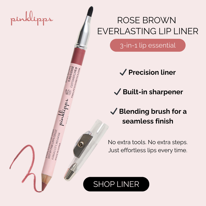 Pink Lipps cosmetics ad for Rose brown lip liner with blending brush and sharpener. 3 in 1 lip essential.