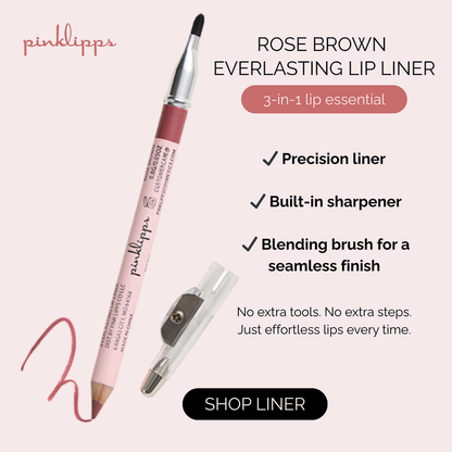 Pink Lipps cosmetics ad for Rose brown lip liner with blending brush and sharpener. 3 in 1 lip essential.