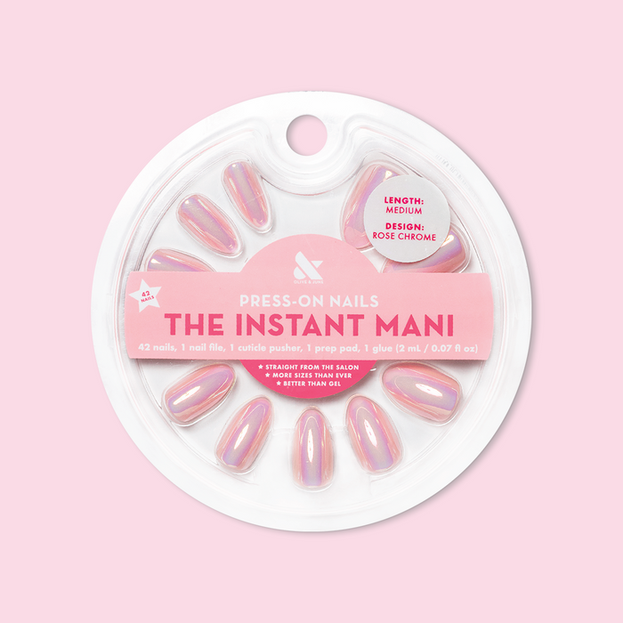 Round package of Rose Chrome - Press-On | Medium | Almond false nails with iridescent pink chrome finish on light pink background