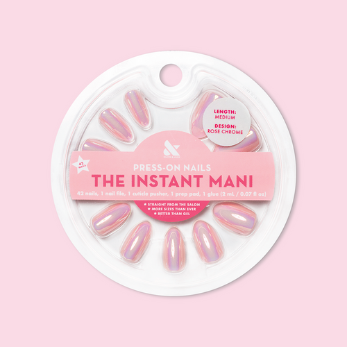 Round package of Rose Chrome - Press-On | Medium | Almond false nails with iridescent pink chrome finish on light pink background