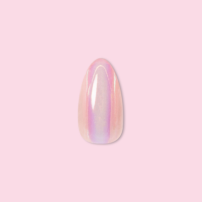 Single Rose Chrome - Press-On | Medium | Almond false nail with shiny pink chrome finish on soft pink background