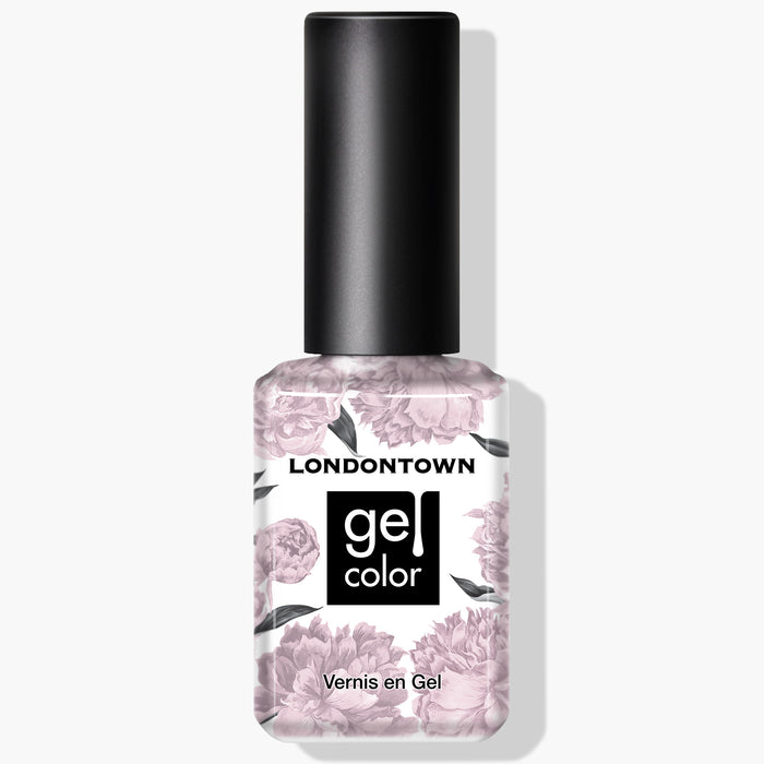 A bottle of LONDONTOWN's Rosewater UV/LED Gel Color nail polish with a high-shine formula, featuring floral designs on the label and a black cap. This cruelty-free product ensures your nails look stunning without compromising on ethics.
