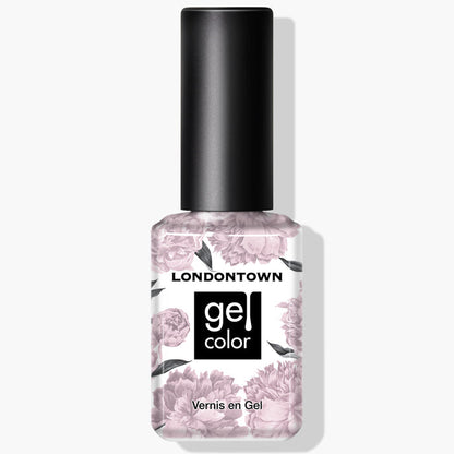 A bottle of LONDONTOWN's Rosewater UV/LED Gel Color nail polish with a high-shine formula, featuring floral designs on the label and a black cap. This cruelty-free product ensures your nails look stunning without compromising on ethics.