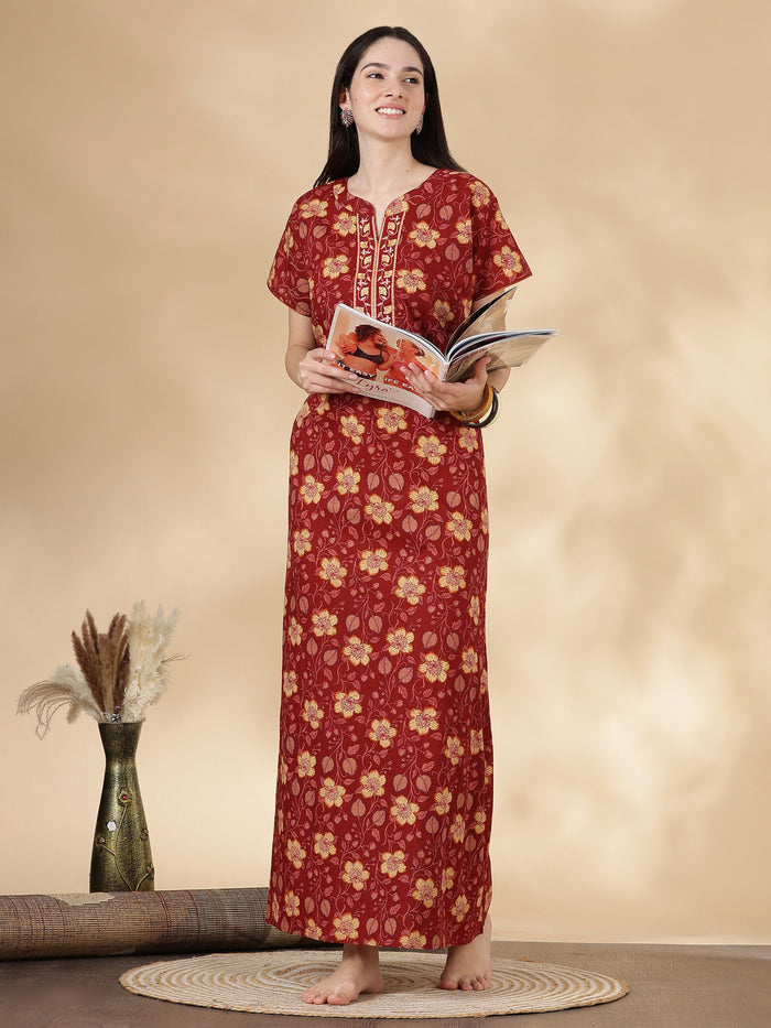 Rust Floral Pure Cotton Nighty for Women with Pocket