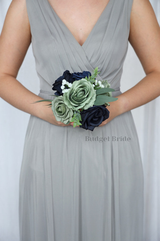 Sage Green and Navy Blue Silk Wedding Bouquet   - $39.50 | Flynn