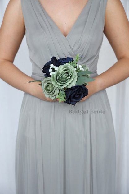 Sage Green and Navy Blue Silk Wedding Bouquet   - $39.50 | Flynn