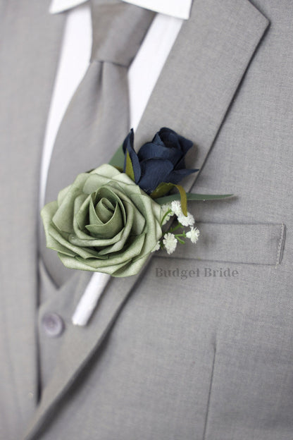 Sage Green and Navy Blue Silk Wedding Bouquet   - $39.50 | Flynn