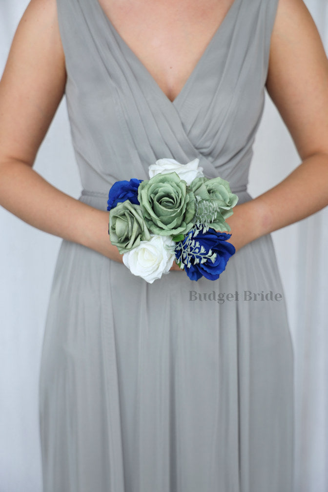 Sage Green and Royal Blue Silk Wedding Bouquet   - $39.50 | Ballen