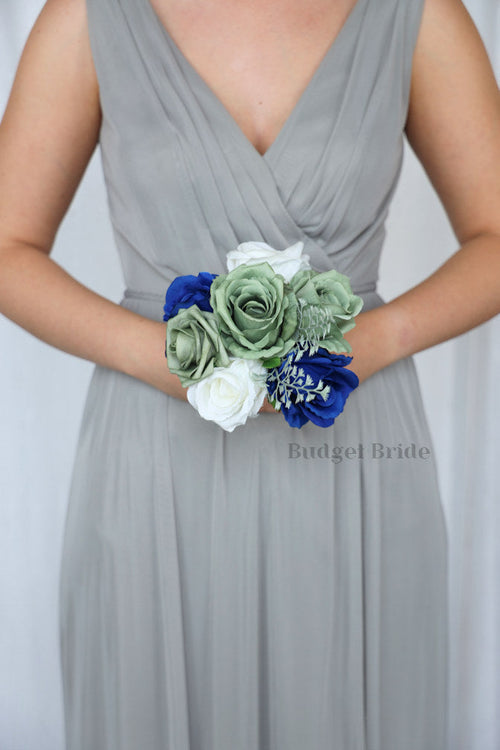 Sage Green and Royal Blue Silk Wedding Bouquet   - $39.50 | Ballen