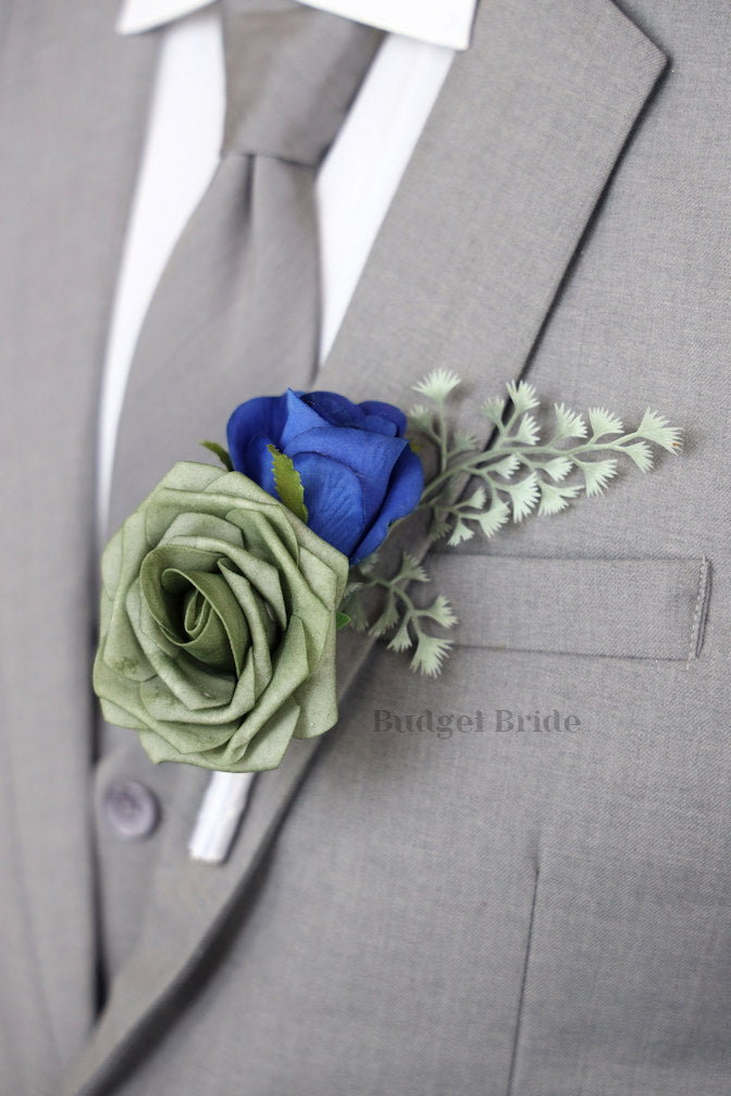 Sage Green and Royal Blue Silk Wedding Bouquet   - $39.50 | Ballen
