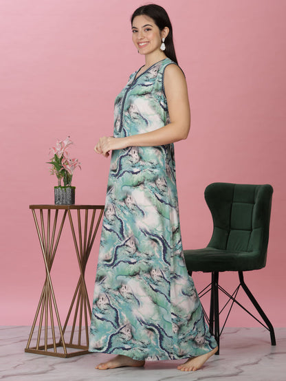 Aqua Marble Print Sleeveless Rayon Nighty for Women