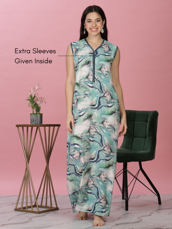 Aqua Marble Print Sleeveless Rayon Nighty for Women