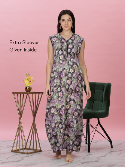 Breathable sleeveless rayon nighty with floral print and pocket
